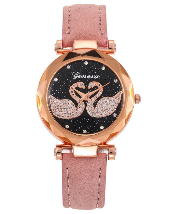 W417 Pale Pink Band Rhinestone Swans Collection Quartz Watch - Iris Fashion Jewelry