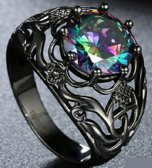 R442 Gun Metal Silver Iridescent Gemstone Ring - Iris Fashion Jewelry