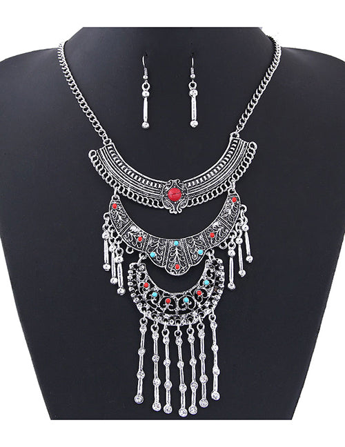 N1776 Silver Red & Blue Rhinestone Tassel Design Necklace with FREE Earrings - Iris Fashion Jewelry