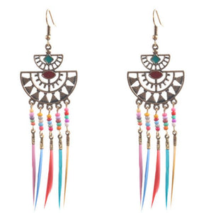 E183 Gold Multi Color Feather & Bead Tassel Earrings - Iris Fashion Jewelry