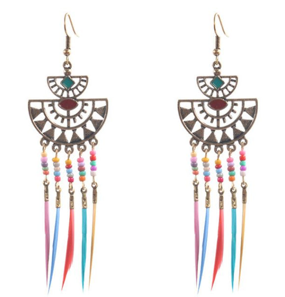E183 Gold Multi Color Feather & Bead Tassel Earrings - Iris Fashion Jewelry