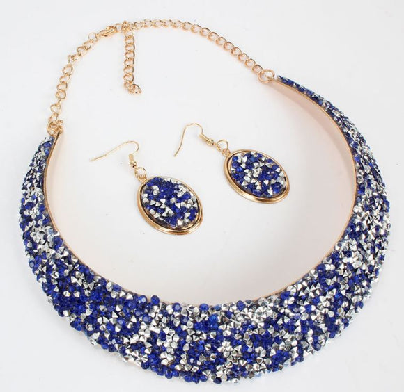 N1934 Gold Silver Blue Rhinestone Bib Style Necklace with FREE Earrings - Iris Fashion Jewelry