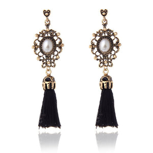 E826 Gold Pearl Black Tassel Earrings - Iris Fashion Jewelry