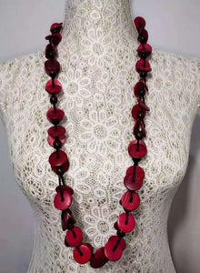 N491 Red Round Wooden Disks Necklace with FREE Earrings - Iris Fashion Jewelry