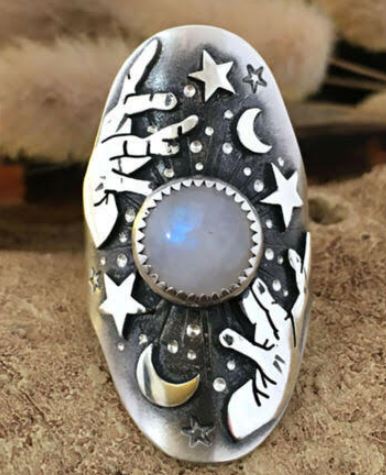 R41 Silver Moonstone Stars & Moon Hands Ring - Iris Fashion Jewelry