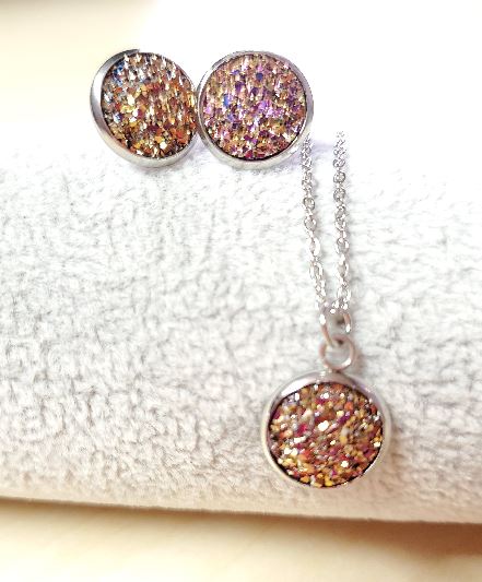 N350 Silver Iridescent Champagne Glitter Gemstone Necklace with FREE Earrings - Iris Fashion Jewelry