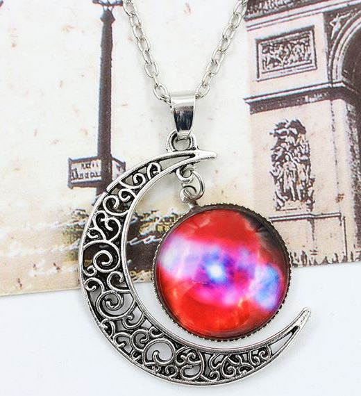 N60 Silver Moon with Pink/Purple Moon Stargazer Necklace with FREE Earrings - Iris Fashion Jewelry