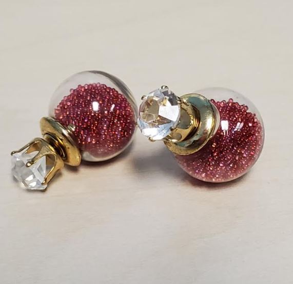 E1566 Gold Rhinestone & Iridescent Burgundy Bead Filled Ball Earrings - Iris Fashion Jewelry