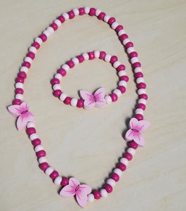 L359 Pink Butterfly Wooden Necklace & Bracelet Set - Iris Fashion Jewelry