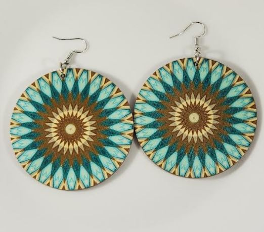 E980 Large Round Wooden Green & Brown Festive Earrings - Iris Fashion Jewelry