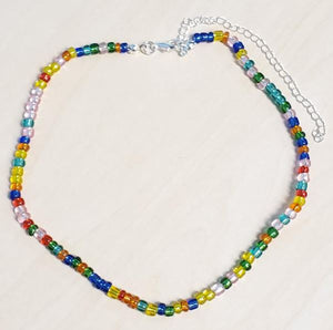 N673 Silver Translucent Multi Color Seed Bead Choker Necklace with FREE Earrings - Iris Fashion Jewelry