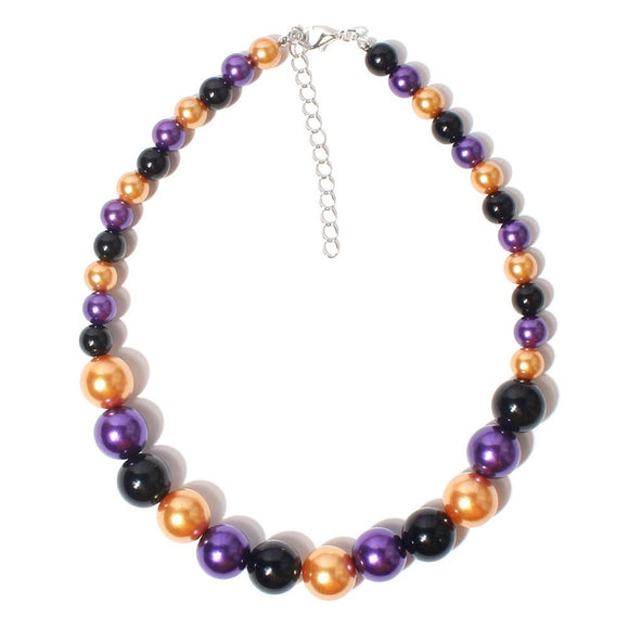 N1930 Silver Black Purple Orange Pearl Bead Necklace With Free Earrings - Iris Fashion Jewelry