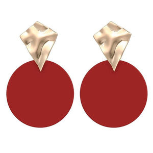 E1336 Red Round Metal Gold Crinkle Earrings - Iris Fashion Jewelry