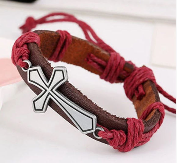 B525 Brown Leather Cross Red Cord Bracelet - Iris Fashion Jewelry