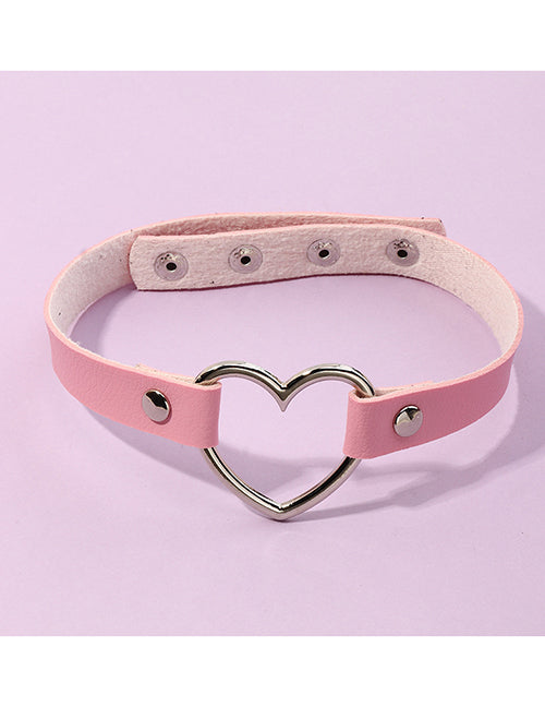 N1499 Silver Heart Light Pink Leather Choker Necklace FREE Earrings - Iris Fashion Jewelry
