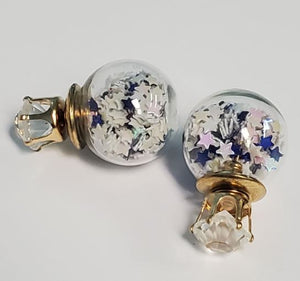 *E1298 Blue & Iridescent Star Confetti Filled Ball & Rhinestone Earrings - Iris Fashion Jewelry