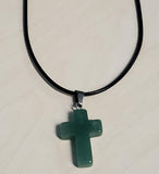 N1101 Green Cross Natural Quartz Stone on Leather Cord Necklace with FREE Earrings - Iris Fashion Jewelry