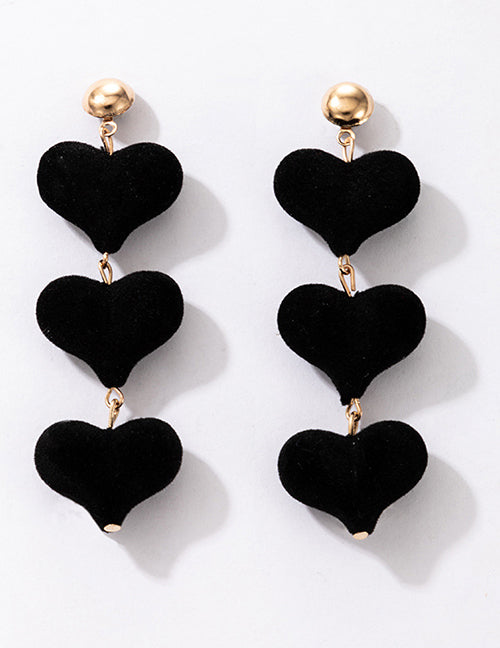 E1626 Black Velvet Triple Heart Dangle Earrings - Iris Fashion Jewelry