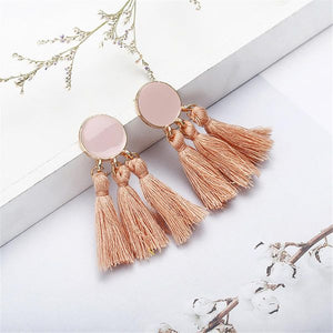 E1351 Mauve Baked Enamel Circle Triple Tassel Earrings - Iris Fashion Jewelry