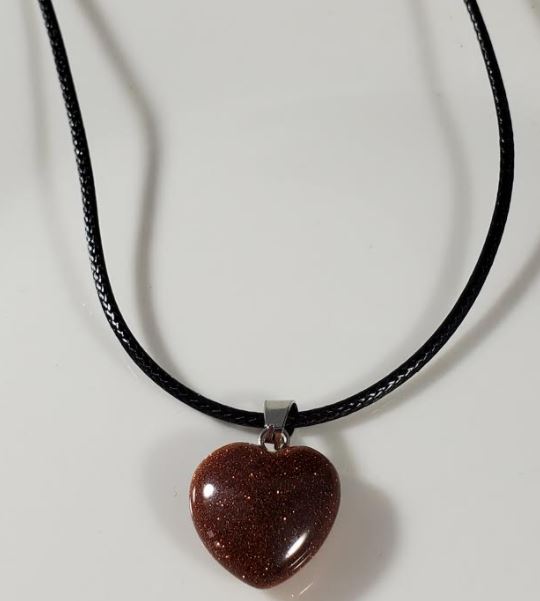 N1508 Copper Glitter Heart Natural Quartz Stone on Leather Cord Necklace with FREE Earrings - Iris Fashion Jewelry
