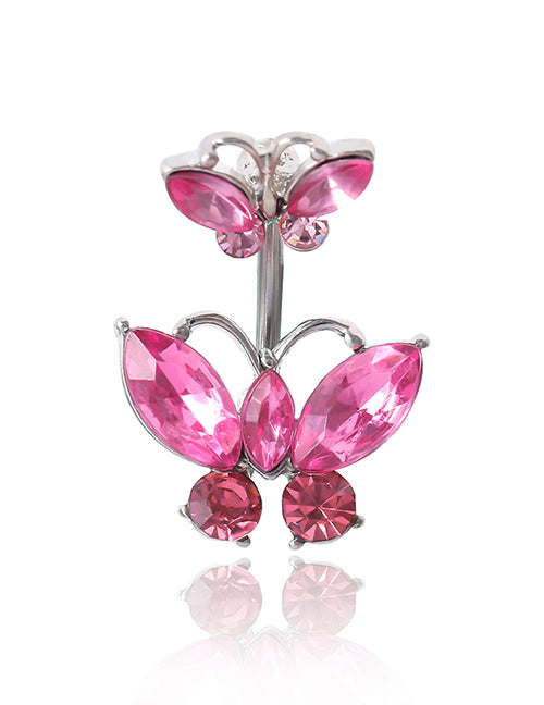 P74 Silver Pink Gemstone Butterfly Belly Button Ring - Iris Fashion Jewelry
