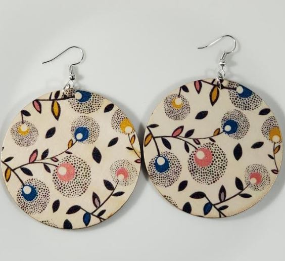 E887 Large Round Wooden Beige Floral Earrings - Iris Fashion Jewelry