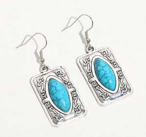 E1751 Silver Decorated Rectangle Blue Crackle Gem Earrings - Iris Fashion Jewelry