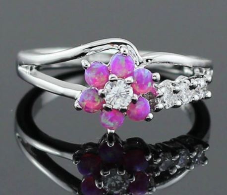 R135 Silver Pink Opalescent Flower Ring - Iris Fashion Jewelry
