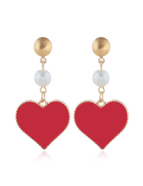 E1398 Gold Red Baked Enamel Heart with Pearl Earrings - Iris Fashion Jewelry