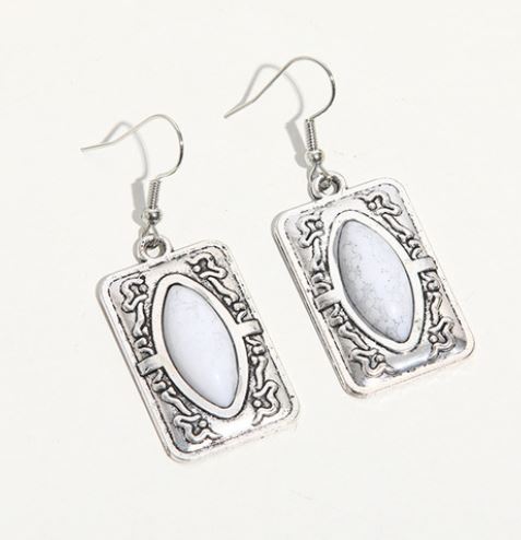 E1753 Silver Decorated Rectangle White Crackle Gem Earrings - Iris Fashion Jewelry