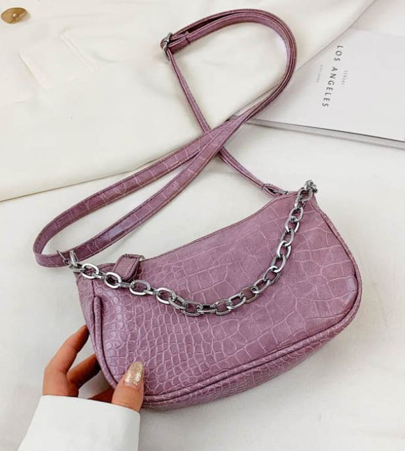 PB201 Lavender Crocodile Print Chain Accent Shoulder Bag - Iris Fashion Jewelry