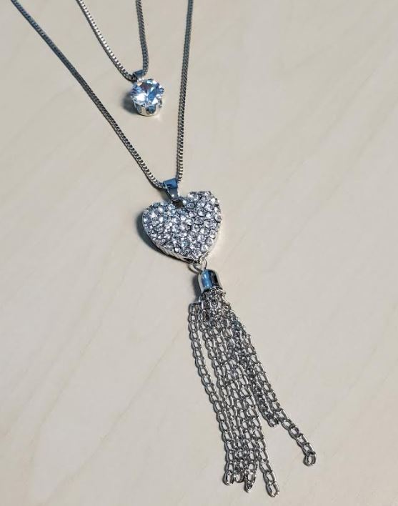 NX Silver Rhinestone Heart Tassel Necklace with FREE Earrings - Iris Fashion Jewelry