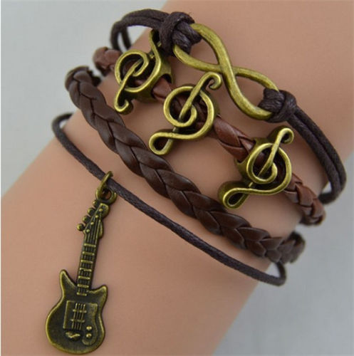 B277 Brown Guitar & Music Notes Leather Layer Bracelet - Iris Fashion Jewelry