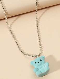 L76 Light Blue Fuzzy Gummy Bear on Beaded Chain Necklace FREE Earrings - Iris Fashion Jewelry