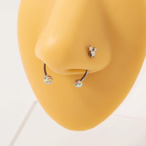 P06 Silver Iridescent Rhinestone MAGNETIC Nose Septum Ring Plus Star Nose Stud - Iris Fashion Jewelry