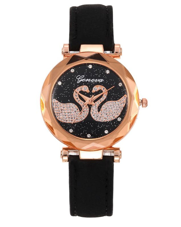 W416 Black Band Rhinestone Swans Collection Quartz Watch - Iris Fashion Jewelry