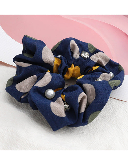 H572 Navy Blue Polka Dot with Pearls & Rhinestones Hair Scrunchie - Iris Fashion Jewelry
