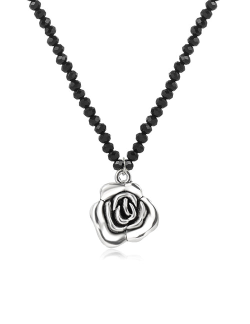 N1784 Silver Black Bead Rose Necklace with FREE Earrings - Iris Fashion Jewelry