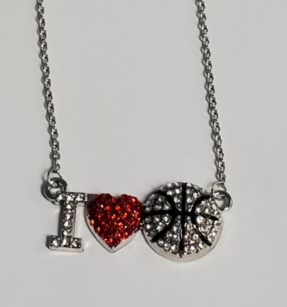 N610 Silver I Love Basketball Crystal Rhinestone Necklace with FREE Earrings - Iris Fashion Jewelry