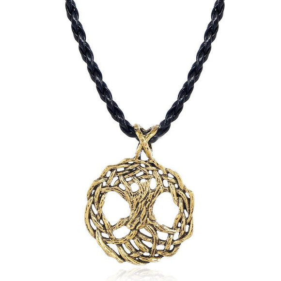 N361 Gold Intertwined Design on Braided Leather Cord Necklace - Iris Fashion Jewelry