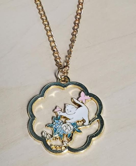 *N1075 Gold Floral Kitty Cat Openwork Necklace with FREE Earrings - Iris Fashion Jewelry