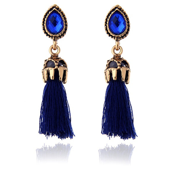 E855 Gold Royal Blue Gem & Tassel Earrings - Iris Fashion Jewelry