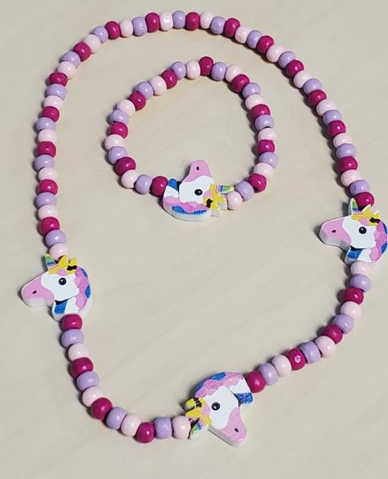 L328 Unicorn Wooden Necklace & Bracelet Set - Iris Fashion Jewelry