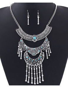 N1775 Silver & Blue Rhinestone Tassel Design Necklace with FREE Earrings - Iris Fashion Jewelry