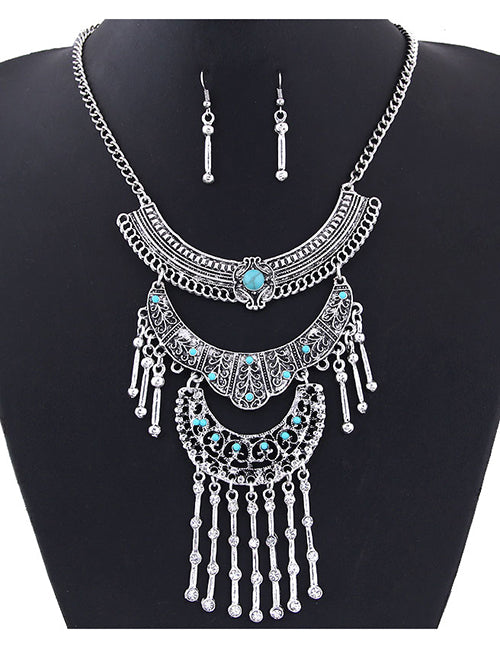 N1775 Silver & Blue Rhinestone Tassel Design Necklace with FREE Earrings - Iris Fashion Jewelry