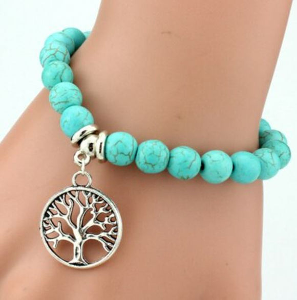 B1092 Turquoise Crackle Stone Tree of Life Bracelet - Iris Fashion Jewelry