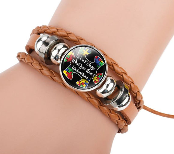 B10 Brown Leather Don't Judge What You Don't Understand Autism Awareness Bracelet - Iris Fashion Jewelry