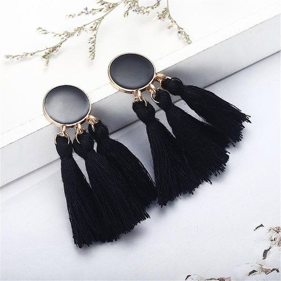 E1349 Black Baked Enamel Circle Triple Tassel Earrings - Iris Fashion Jewelry