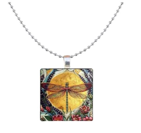 N1797 Silver Yellow Dragonfly Square Beaded Chain Necklace with FREE Earrings - Iris Fashion Jewelry