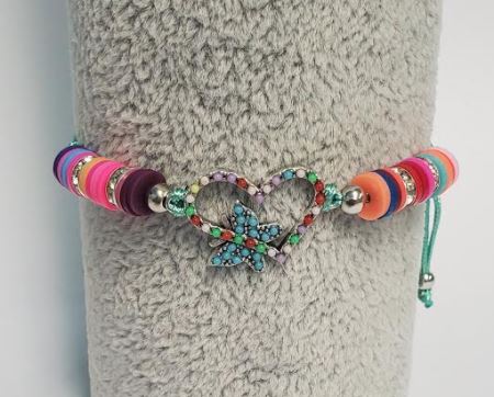 B890 Multi Color Bead Heart with Butterfly Mint Green Cord Bracelet - Iris Fashion Jewelry